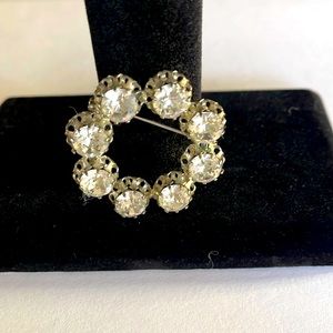 Vintage Austrian Brooch Prong Set w/White Rhinestone Crystals, 4cm Clear